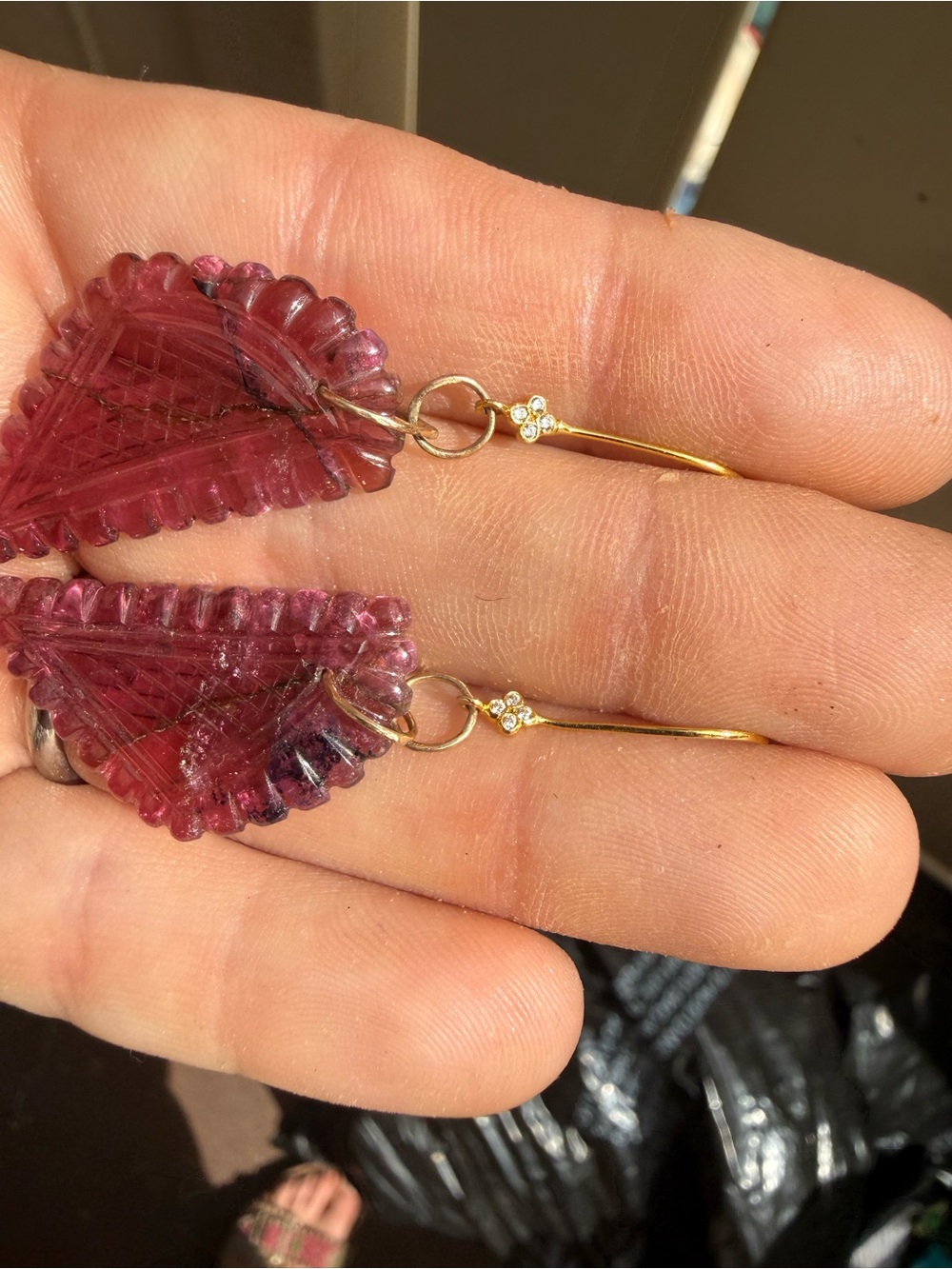 25.80ctw solid 14k gold genuine hand carved tourmaline/ diamond earrings - Picture 8 of 16